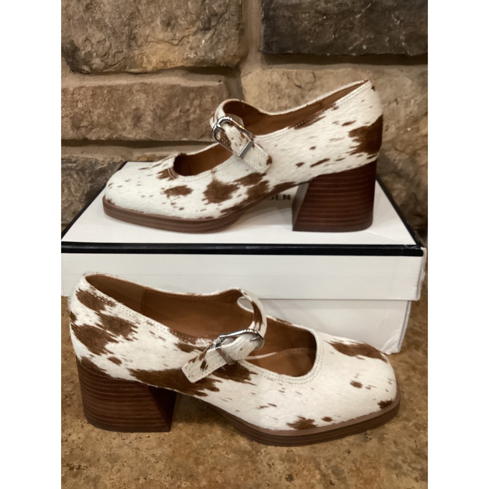Steve Madden Lisbon-C Cow Print Mary Jane Block Heel Pumps Brown White Size 7.5